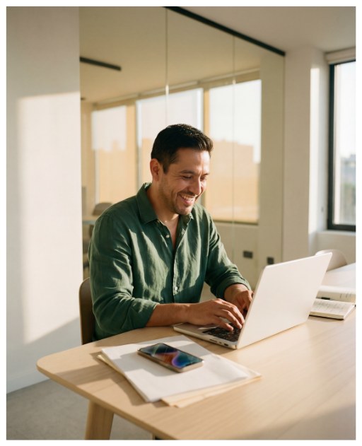 Piyush working at a laptop in a sunlit office